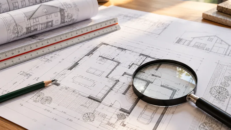 Bouwplannen van een woning met een loep